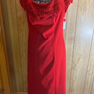 Red Dress with flower detail on top of dress